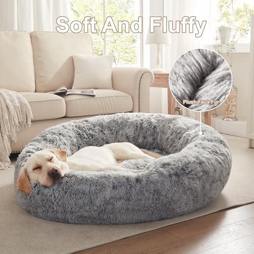 45 in Faux Fur Fluffy Donut Dog Bed for Extra Large Dogs,Dark Grey