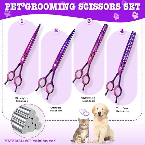 Dream Reach Dog Grooming Scissors - 7" Professional 6 in 1 Pet Scissors Sharp and Durable Shears Set Thinning, Chunker, Straight, Curved Shears and Comb for Dog Cat Pets, Purple