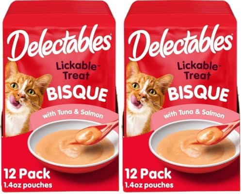 Delectables Lickable Treat Bisque Wet Cat Treat with Real Tuna & Salmon,Food Topper,Hydrating,Grain-Free,No Fillers,No by-Products,No-Added Preservatives,1.4oz Pouch,(Pack of 24)