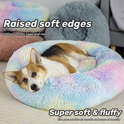 Anti Anxiety Round Fluffy Plush Faux Fur Warm Washable Dog Bed & Cat Bed, Original Bed for Small Medium Large Pets,Used to Relieve Joints and Improve Sleep（20"/24"/27''） (27", Rainbow)