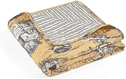 Lush Decor French Country Toile Reversible Cotton Throw Blanket Single 50" W x 60" Yellow & Gray - Yellow Blankets for Bed - Vintage Couch Blanket