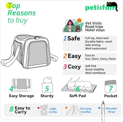 Quick-in Pet Carrier Bag for Cats & Dogs. Airy Mesh Windows Let Fur-Kids See You Reduce Anxiety & Breath Easy. Rip-Stop Fabric & Lockable Zips Hug Securely. Washable Comfy Pad. Collapsible