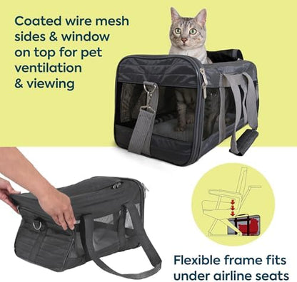 Sherpa Pet Carrier Airline Approved with Spring Wire Frame - Cat Carrier and Dog Carriers for Airline Travel and Vet Visits, Mesh Ventilation, Locking Zippers - Charcoal Grey, Large