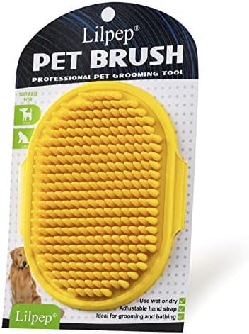 Dog Grooming Brush, Lilpep Pet Shampoo Bath Brush Soothing Massage Rubber Comb with Adjustable Ring Handle for Long Short Haired Dogs and Cats (Yellow, pack of 1)