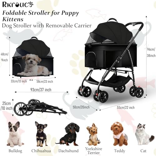 3 in 1 Dog Strollers 4 Wheels Folding Pet Stroller with Detachable Carrier Multifunction Portable Dogs Travel Carriers for Medium Small Puppy Kittens(Solid Black)