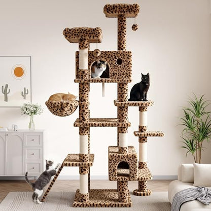 SHA CERLIN 82 inch, Multi-Level Cat Tree Tower for Indoor Cats, Cat Condo with Sisal Scratching Posts, Plush Perches, Hammocks, Toy Balls, Leopard Print