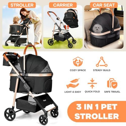 Dog Cat Stroller for Small/Medium Pets, 50 lbs, 3-in-1 Pet Stroller, Black