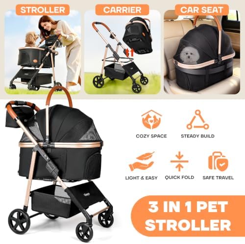 Dog Cat Stroller for Small/Medium Pets, 50 lbs, 3-in-1 Pet Stroller, Black