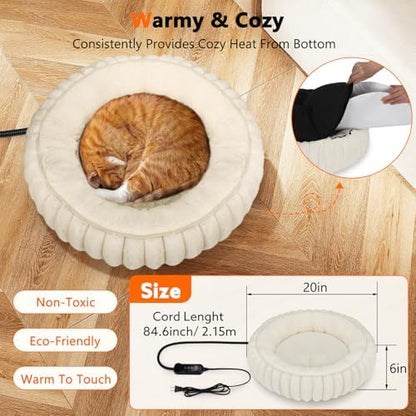 INVENHO Heated Cat Beds for Indoor Cats and Small Dogs, 20" Cozy Donut Heated Pet Bed with Timer & Temp Adjustable, Removable Waterproof Electric Warming Bed for Indoor Cat
