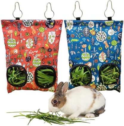 Rabbit Hay Feeder Bag, Guinea Pig Hay Feeder for Cage Small Animal Hanging Feeding Bags Rabbit Hay Dispenser Storage for Rabbits Guinea Pigs Bunnies Chinchillas (Red,Dark Blue, 2 Hole)