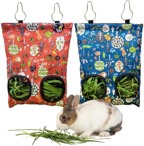 Rabbit Hay Feeder Bag, Guinea Pig Hay Feeder for Cage Small Animal Hanging Feeding Bags Rabbit Hay Dispenser Storage for Rabbits Guinea Pigs Bunnies Chinchillas (Red,Dark Blue, 2 Hole)