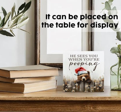 Christmas Bear Home Bathroom Decor Sign - Farmhouse Western Christmas Animal Bathroom Decor,Rustic Farm Animal He Sees You When You're Pooping Signs,Bear Gifts for Women