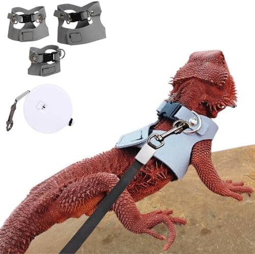 3 Pack Bearded Dragon Harness and Leash Set - Adjustable Soft Leather Lizard Harness with Retractable Leash Small Animal Traction Rope Walking Vest Accessories for Reptile Squirrel Rat (Grey)