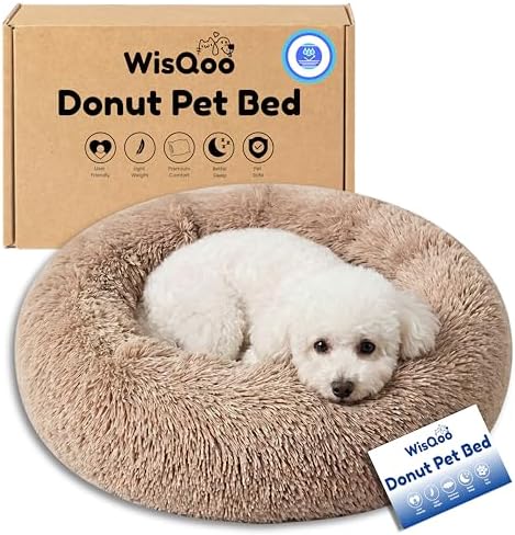 Calming Donut Dog Bed – Faux Fur Anti-Anxiety Pet Bed with Removable Washable Cover & Water-Resistant Liner – Plush Fluffy Round Nest, Non-Slip Bottom for Dogs & Cats - Camel, Large