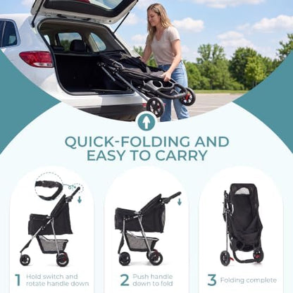 Pet Stroller for Small Medium Cats Dogs, 3-Wheel, One-Click Foldable