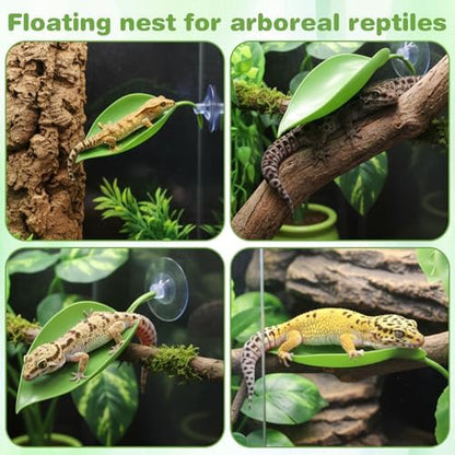 3 Pcs Crested Gecko Tank Accessories, Plastic Reptile Leaf Plant Ornament with Suction Cup Wall Climbing Gecko Hide Reptile Hide for Turtle Tank Decorations(Green)