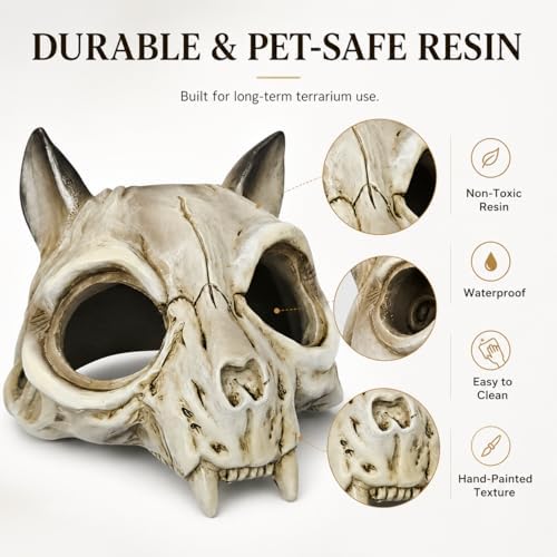 Reptile Hide Cave, Fox Skull Design, Resin Hideout for Leopard Gecko, Snake & Lizard, Multi-Entry Terrarium Shelter,5.31“ × 5.83” × 6.1"(Fox Skull)