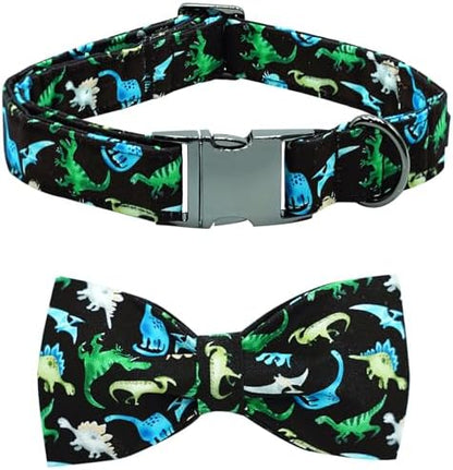 Cool Black Dinosaur Print Dog Collar with Bow for X-Small Dogs