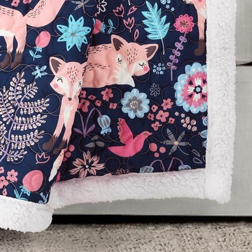 Lush Decor Pixie Fox Sherpa Throw Blanket 50”W x 60" L Navy & Pink - Sherpa Blankets - Toddler Blanket for Bed - Pink Girls Room Decor - Floral Throw