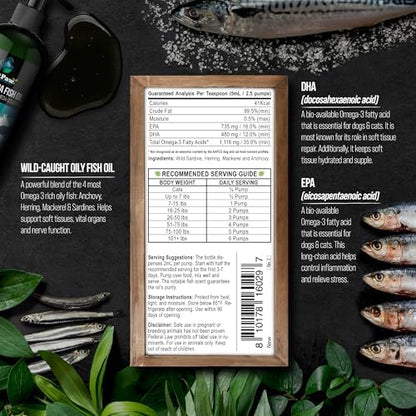 Fish Oil for Dogs | Liquid Omega 3 Wild Caught Fish Oil with Pump | Skin and Coat, Joint, Heart and Nerve Support | High Potency EPA and DHA Food Topper | 16oz