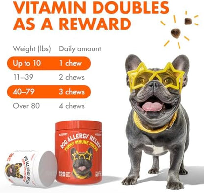 Allergy Relief Chews for Dogs & Immune & Digestive Supplement with Wild Salmon Oil Kelp Colostrum Turmeric Probiotics & Bee Pollen for Seasonal Allergies Anti Itch, Skin Hot Spots 120 Soft Treats