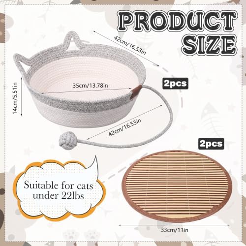 Novabright 2 Pack Woven Cat Baskets, 16.5 x 13.8 x 5.5 Inch, Grey