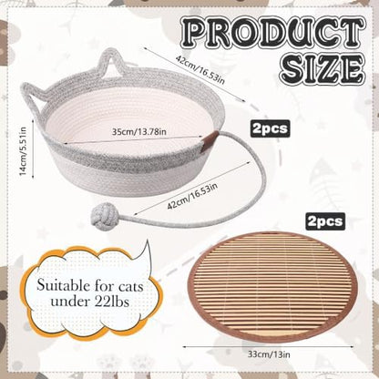 Novabright 2 Pack Woven Cat Baskets, 16.5 x 13.8 x 5.5 Inch, Grey
