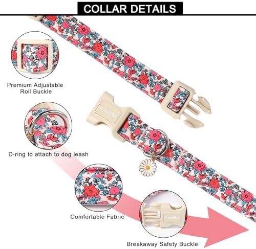 Lionet Paws Floral Dog Collar- Cute Red Pink Flower Dog Collars with Plastic Buckle, Light Adjustable Dog Collars for Medium Dogs
