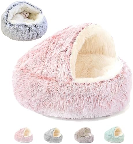Keep Warm Lapcatz Nest Bed, Cat Bed Round Fluffy Hooded Cat Bed Cave, Anti-Slip Bottom and Machine Washable,Removable Washable Round Beds for Small Medium Pets (Pink,80cm/31.5inch)