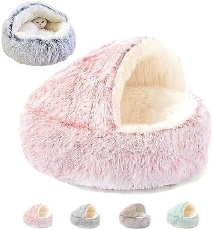 Keep Warm Lapcatz Nest Bed, Cat Bed Round Fluffy Hooded Cat Bed Cave, Anti-Slip Bottom and Machine Washable,Removable Washable Round Beds for Small Medium Pets (Pink,80cm/31.5inch)