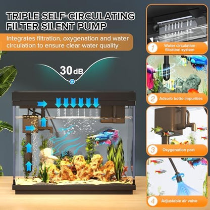 Vehipa Fish Tank, 2.4-Gallon Aquarium Starter Kit with 3-in-1 Quiet Pump