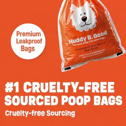 Huddy B. Good™ – New! Dog Poop Bags That Save Dogs | Supports 3 Dog Rescues | Cruelty-free Manufacture | Eco-Friendly | 85% Plant-Based Material | Extra Large & Leak-Proof | Unscented | 120 Count