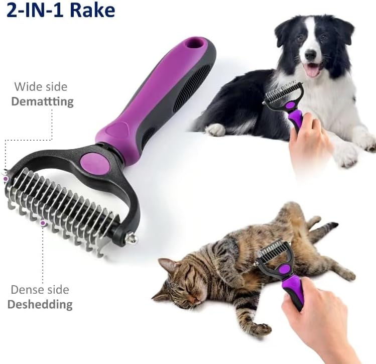 WePet Grooming Rake for Dogs & Cats, Double-Sided Deshedding Brush, Extra-Wide Dematting Tool, Slicker Comb for Undercoat & Loose Hair Removal, Reduces Shedding by 95%, Purple, Large