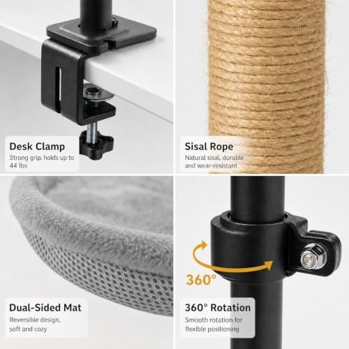 Cat Desk Bed with Scratching Post Clamp On 360 Rotating Gray