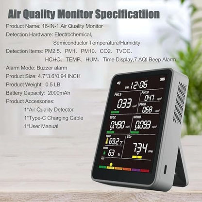 16-in-1 Indoor Air Quality Monitor, High-Precision Multi-Parameter Smart Air Quality Tester with HD Real-Time Color Screen, Portable Air Quality Monitor for Home, Office, Cars, School, Bedroom