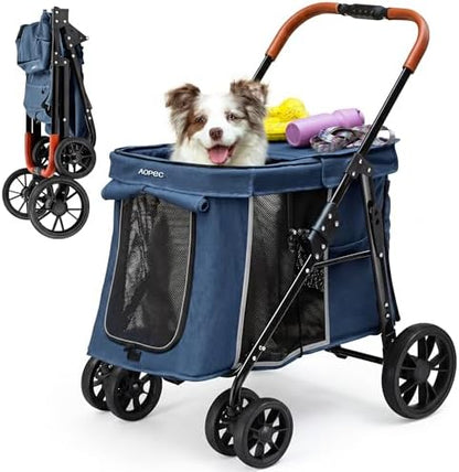 Medium Dog Stroller, Dual Entry One-Touch Folding,Small and Medium Pet Stroller,360° Rotating Front Wheels,70 lbs Weight Capacity for Outdoor Travel and Elderly Dogs - Blue