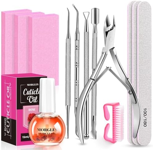 MORGLES Cuticle Remover Kit with 100/180 Nail Files & Nail Buffer Blocks