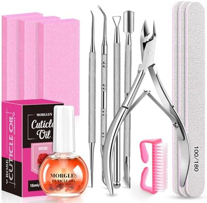 MORGLES Cuticle Remover Kit with 100/180 Nail Files & Nail Buffer Blocks