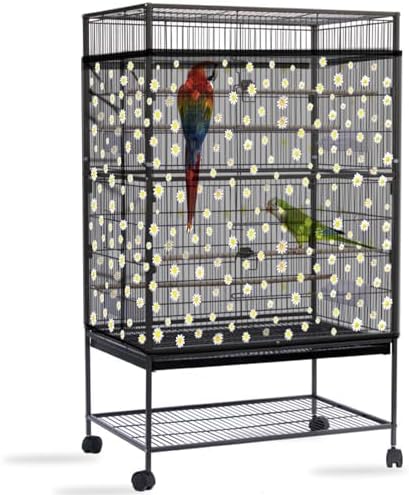 Daoeny Bird Cage Seed Catcher, Large Bird Cage Cover, Adjustable Soft Airy Nylon Mesh Net, Birdcage Cover Skirt Seed Guard for Parrot Parakeet Macaw African Round Square Cages (Black, Daisy Design)