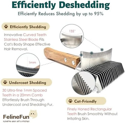 FelineFun Cat Brush for Dematting & Deshedding, 2 in 1 Undercoat Rake, Efficiently Remove Loose Hair & Matted Fur, Professional Shedding Comb for Indoor Cats & Long Haired Cats