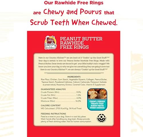 Country Kitchen Rawhide Free, Peanut Butter Rings Dog Chews, 21 Count