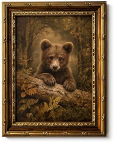 Framed Vintage Wall Art Rustic Forest Animal Cute Little Grizzly Bear Canvas Print Poster Vintage Farmhouse Style Artwork for Bedroom or Living Room 8x10 Inches Suitable for Hanging or Tabletop Display