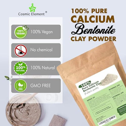 Cosmic Element 100% Pure Calcium Bentonite Clay Powder - Bentonite Clay Food Grade, Vegan, Healing Clay | Skin Care Detox - Deep Pore Cleansing Face & Body Mask for Soft, Smooth, Refreshed Skin | 16oz