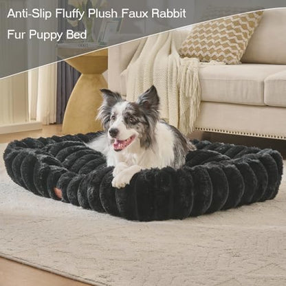 Luxury Dog Beds,Large Sized Dog Washable Furry Pet Beds,Comfort Rectangle Pet Sofa Couch with Ultra,Puppy Beds with Removable Zipper Cover,30x25x7.5inches,Black