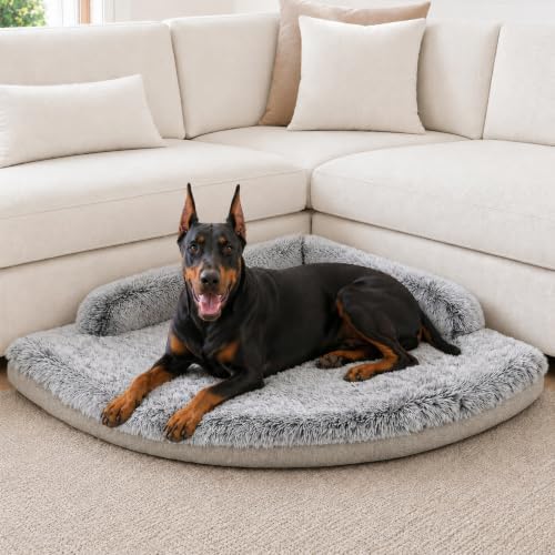 Corner Dog Bed XL, 42" Calming Fluffy Orthopedic Pet Beds, Beige