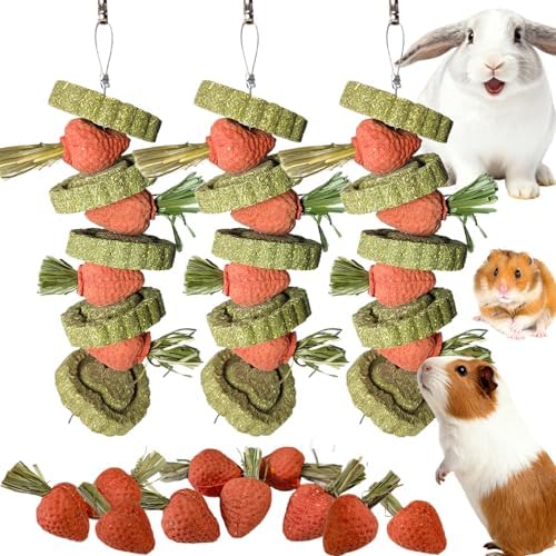 Bunny Chew Toys Guinea Pig Chew Toys for Teeth Grinding Rabbit Treats Natural Timothy Grass Cake Strawberries for Guinea Pigs Chinchillas Hamster (3 Pcs)