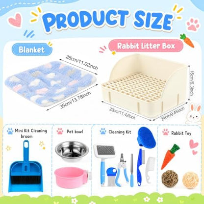 Reallnaive 15 Pcs Rabbit Starter Kit Small Rabbit Litter Box Girls Gift Animal Grooming Kit Bunny Toys Bowl Blankets with Cleaning Set for Guinea Pig Accessories(Cream White)