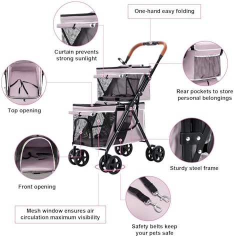 Double Pet Stroller for 2 Dogs & Cats, Double-Decker, Pink