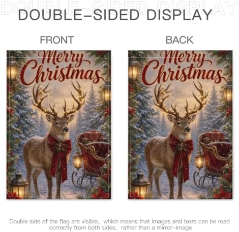 Christmas Reindeer House Flag 28x40 Inch Merry Holiday Deer Lighted Antlers Sleigh Gifts Lantern Snowy Forest Rustic Outdoor Yard Lawn Porch Double Sided Banner Welcome Decor