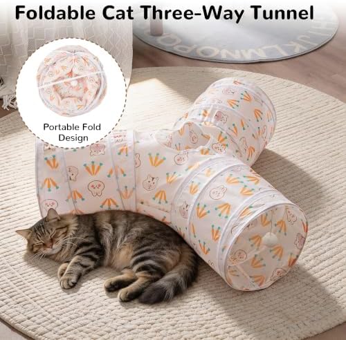 Tempcore Cat Tunnel, 3-Way Collapsible Toy for Indoor Cats, Pink Rabbit